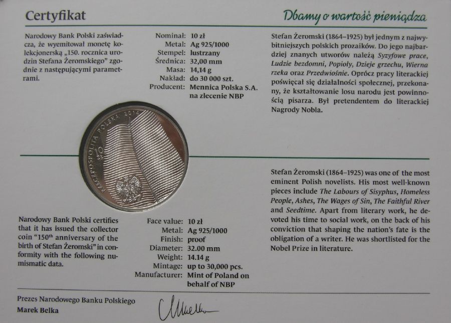 10 złotych - 150. rocznica urodzin Stefana Żeromskiego