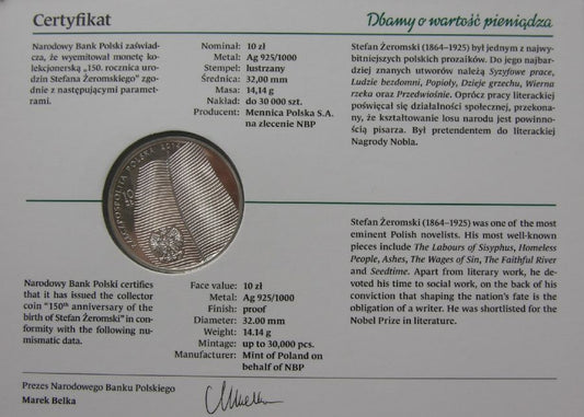 10 złotych - 150. rocznica urodzin Stefana Żeromskiego