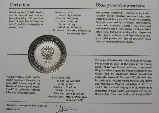 10 złotych - 200. rocznica śmierci księcia Józefa Poniatowskiego