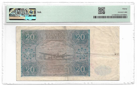 20 złotych 1946 r. - Seria D (NIEBIESKI) - Grading PMG 30